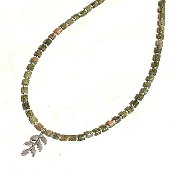 Cute Unakite Stone Silver Leaf Branch Necklace, Genuine Gemstone Beaded Necklace - Picture 6 of 9